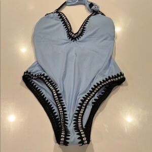 Bar III Light Blue One Piece Swimsuit with Black Trim